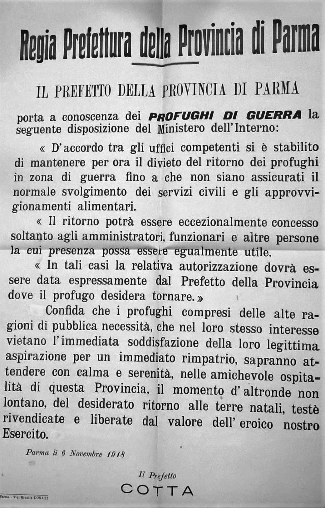Manifesto affisso a Parma il 6 novembre 1918 (Archivio storico comunale di Parma)