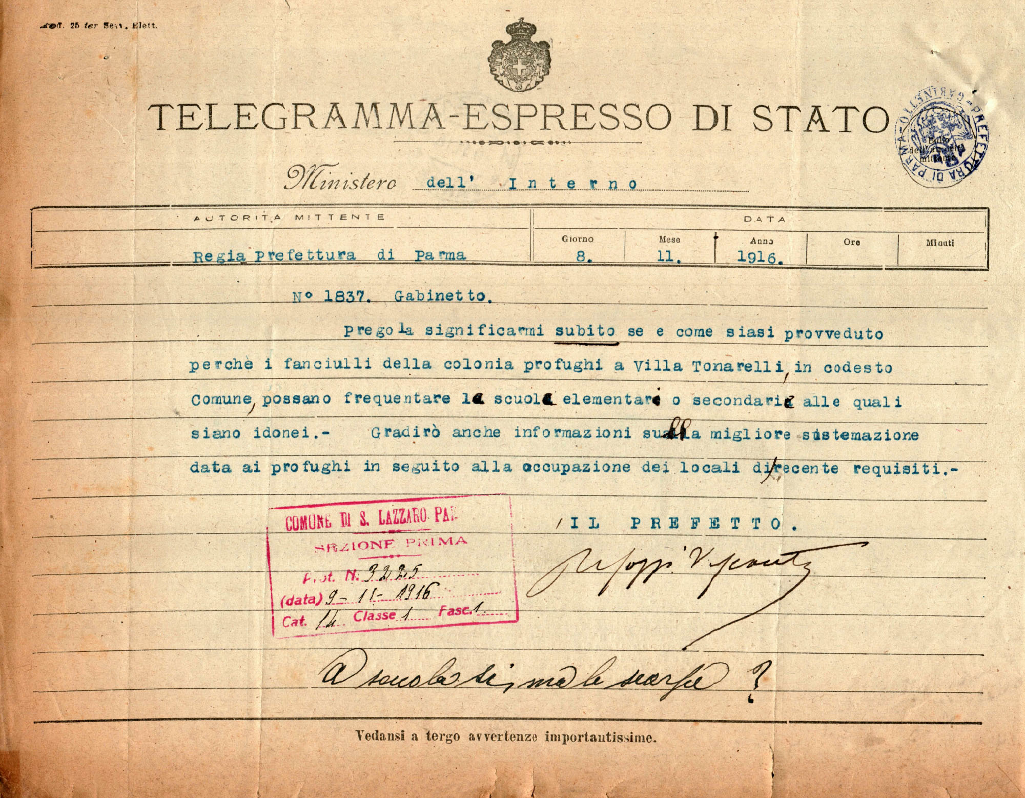 Telegramma del prefetto di Parma al sindaco di San Lazzaro Parmense – 8 novembre 1916 (Archivio storico comunale di Parma)