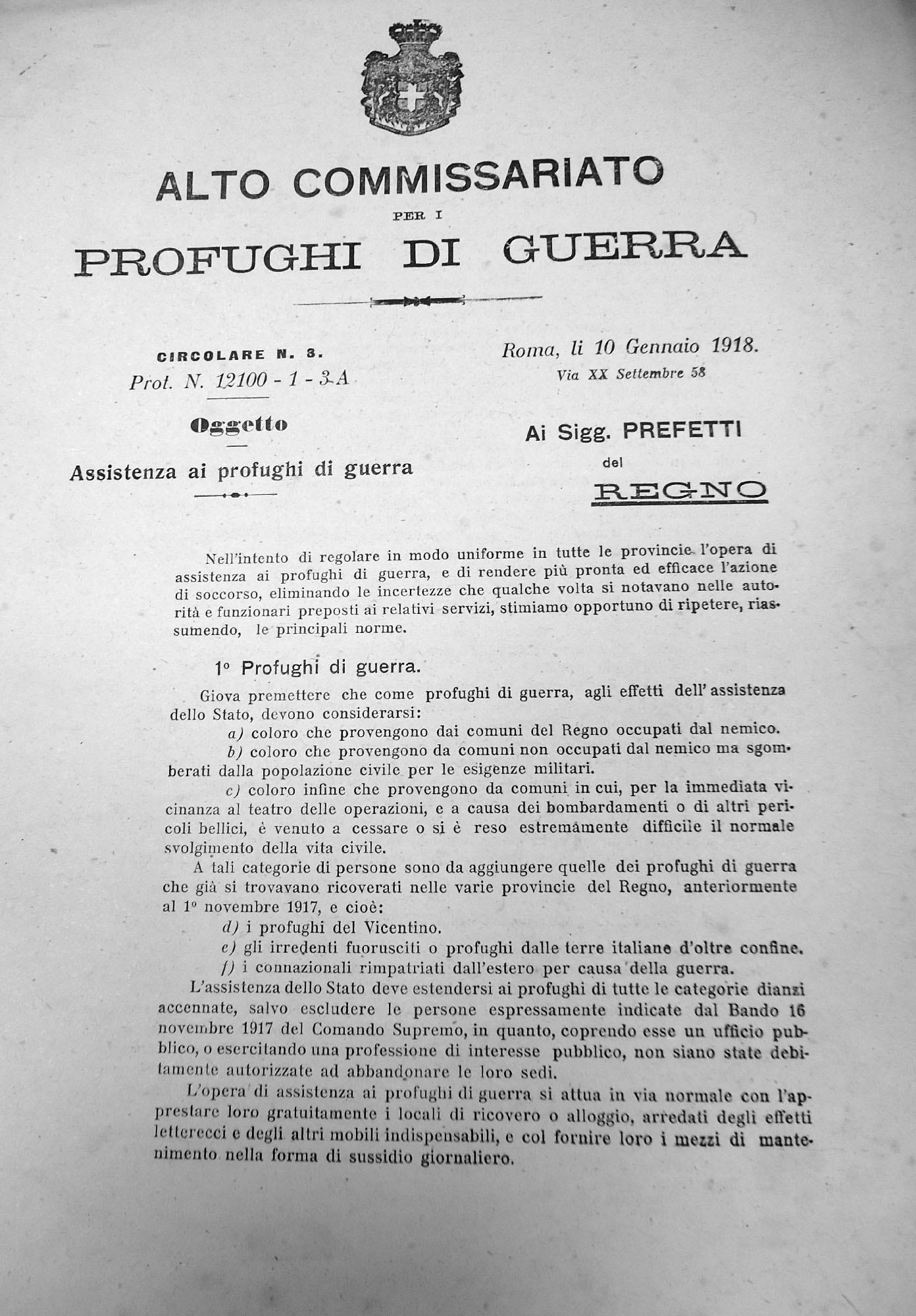 Circolare dell’Alto Commissariato per i profughi di guerra – 10 gennaio 1918 (Archivio storico comunale di Parma)