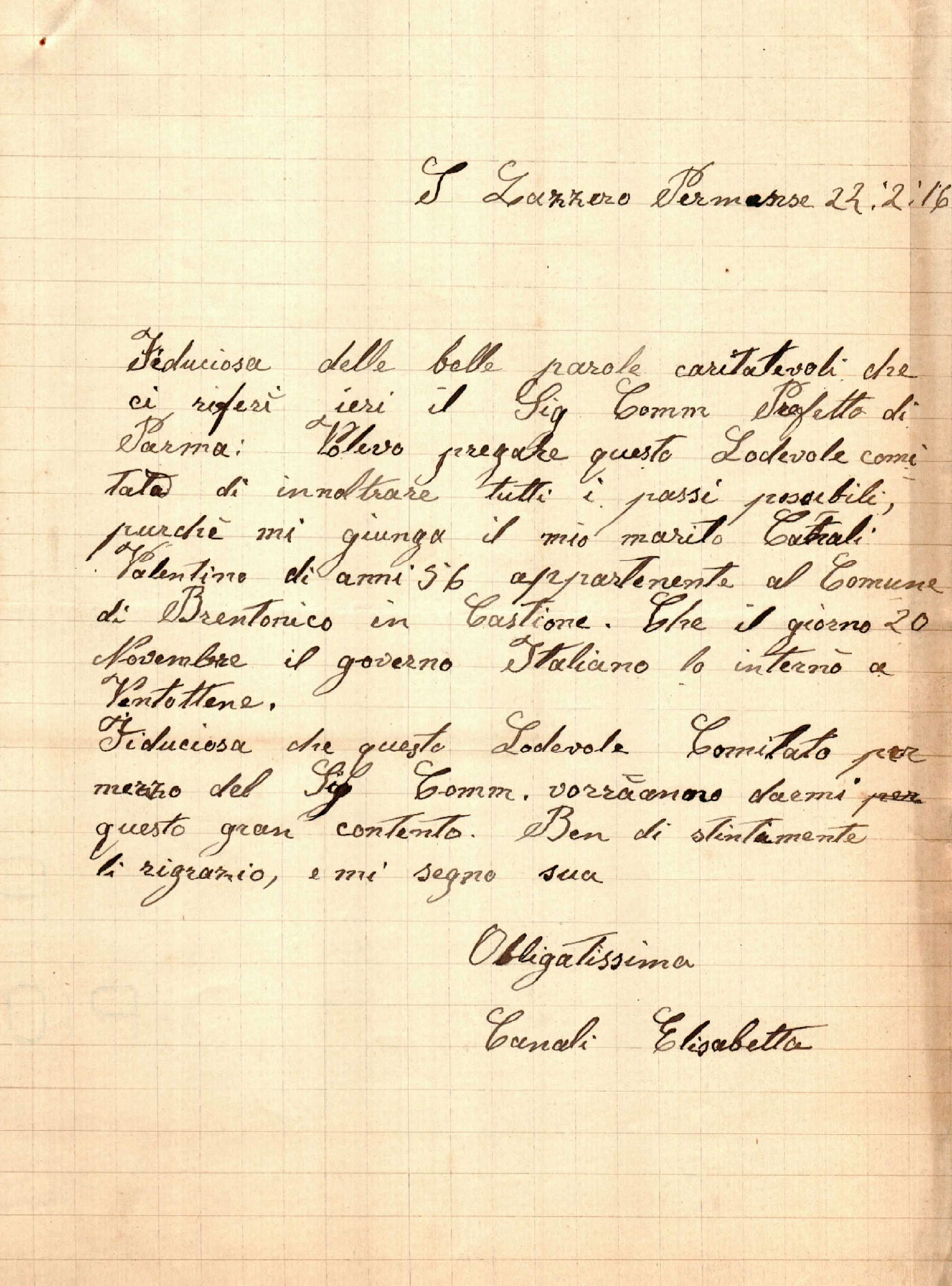 Istanza avanzata dalla profuga Elisabetta Canali al Comitato profughi di San Lazzaro Parmense – 22 febbraio 1916 (Archivio storico comunale di Parma)