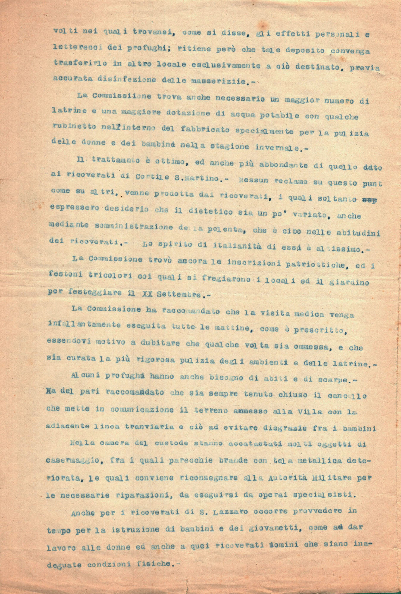 Relazione della Commissione profughi a seguito di un'ispezione presso la colonia di Villa Tonarelli (Archivio storico comunale di Parma)