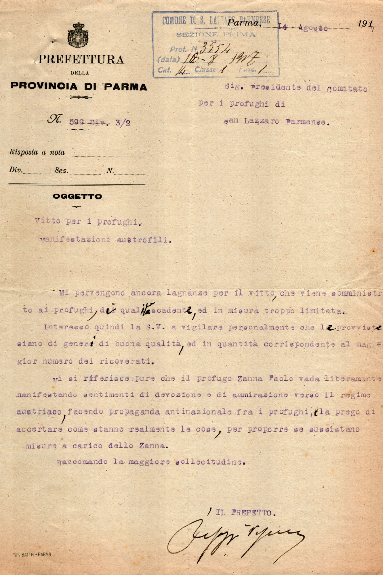 Lettera del prefetto di Parma al Presidente del Comitato profughi di San Lazzaro Parmense – 14 agosto 1917 (Archivio storico comunale di Parma)